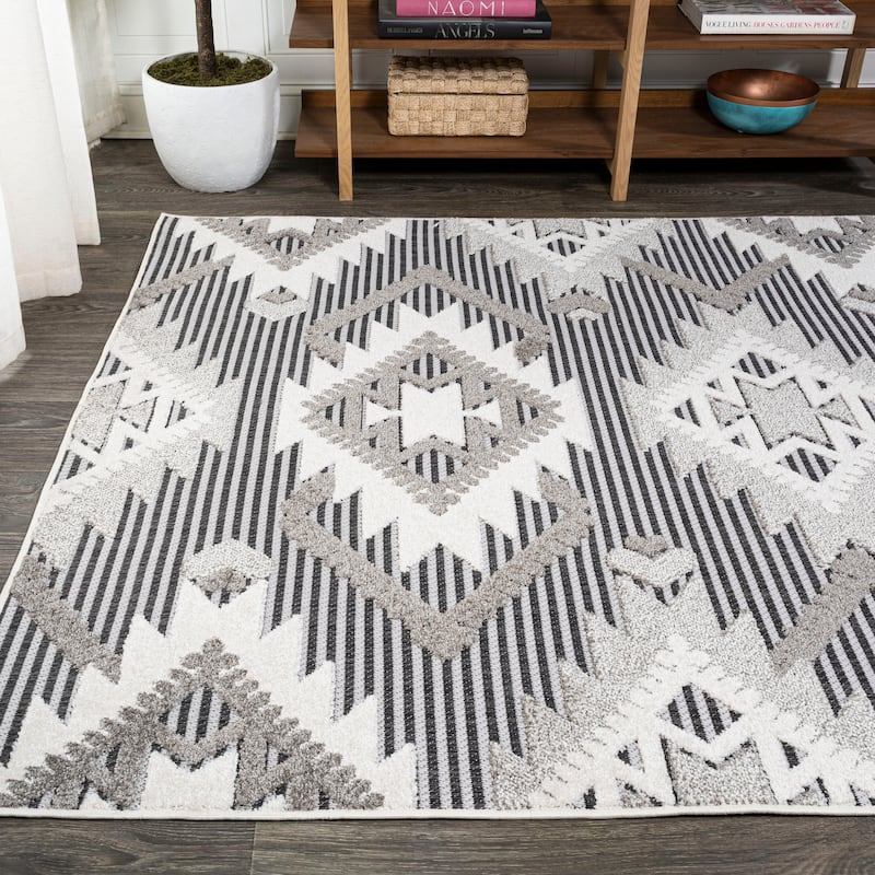JONATHAN Y Duwun High-Low Pile Neutral Diamond Kilim Indoor/Outdoor Area Rug