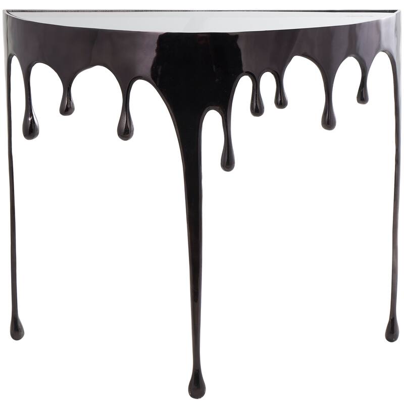 Aluminum Metal Abstract Drip Accent Table with Melting Design and Shaded Glass Top - Roche River Decor - Console Table - Black.