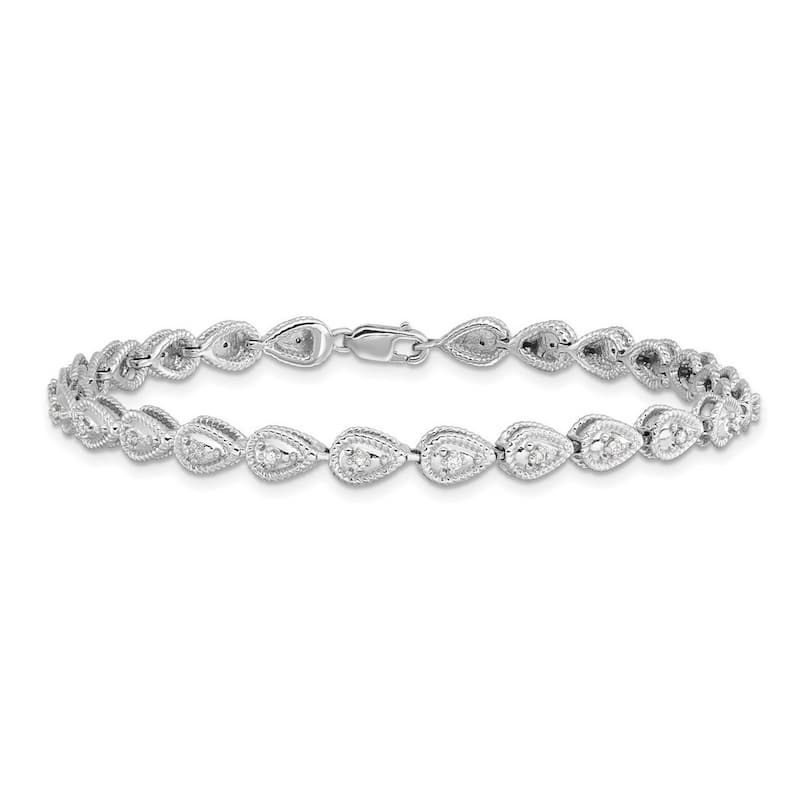 Curata 925 Sterling Silver Polished Lobster Claw Closure Rhodium Plated Diamond Teardrop Link Bracelet