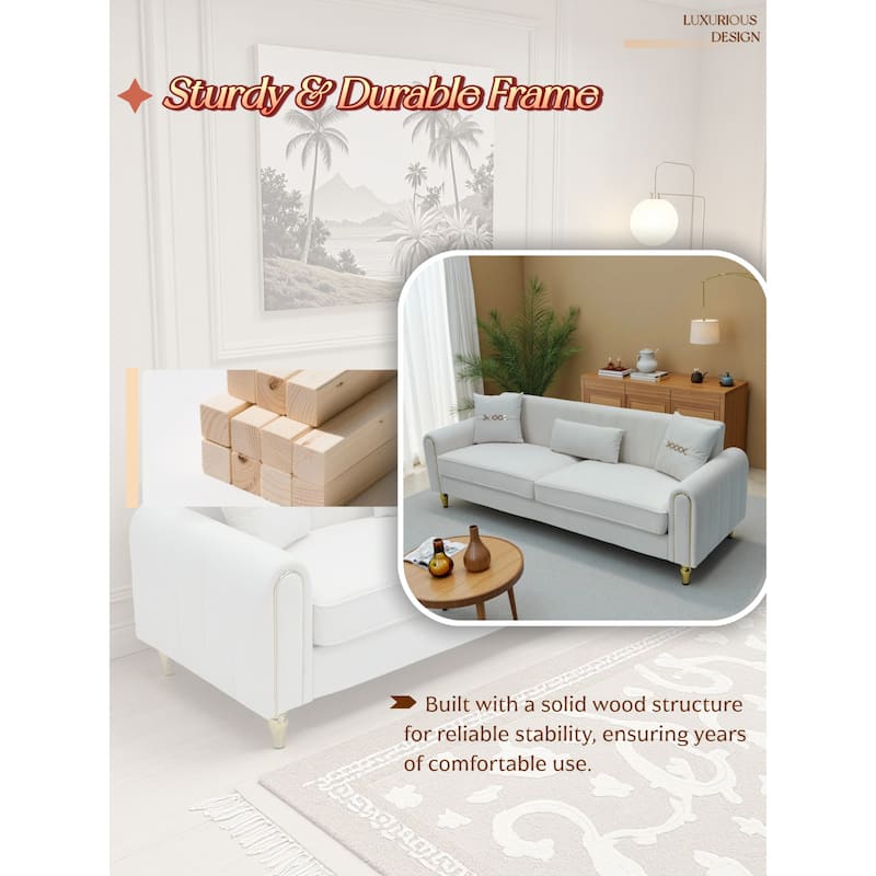 Roomfitters 87.4 Inch 3 Seater Elegant Modern Upholstered Sofa with Gold Metal Trim, Vertical Channel Tufted Back