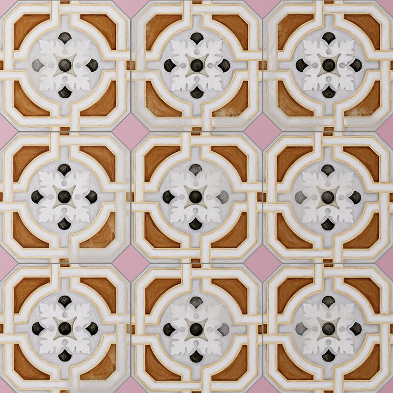 Merola Tile Vaudeville Octagon Deco Zimer with Taco Pink 7-7/8" x 7-7/8" Porcelain Floor and Wall Tile