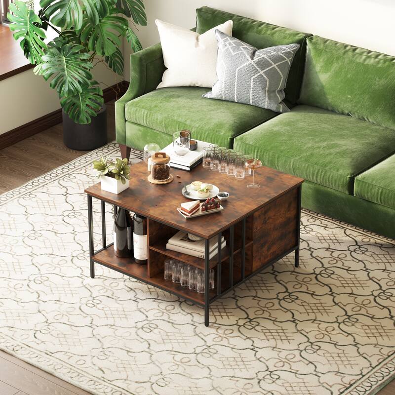 Anmytek Farmhouse Lift Top Adjustable Height Coffee Table with Storage Hidden Compartment 3 Shelves 110lbs Capacity