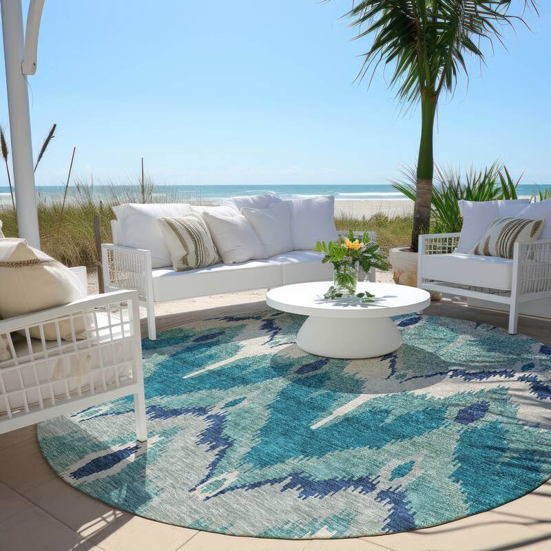 Machine Washable Indoor/ Outdoor Chantille Boho Ikat Rug - Teal - 8' x 8'