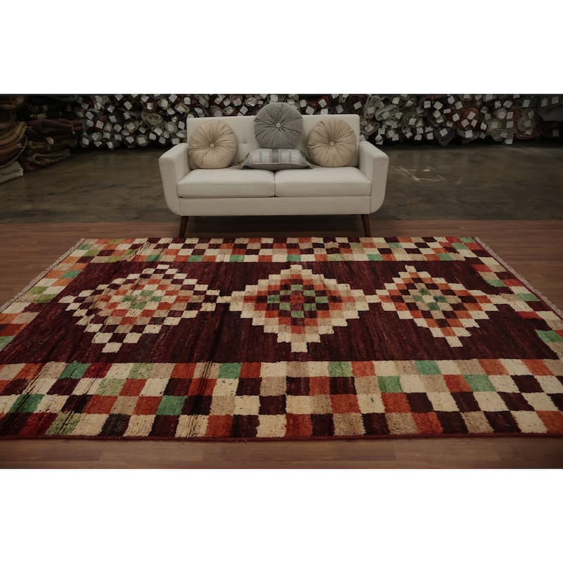 Hand Knotted Oriental 100% Wool Carpet Modern Geometric Red Moroccan Area Rug - 9' 11'' X 7' 0''