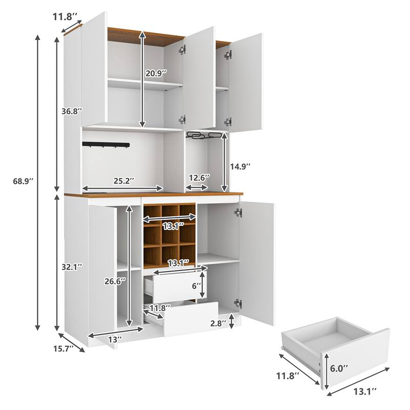 Farmhouse Buffet Cabinet Coffee Bar with Charging Station, Wine Rack and Drawers