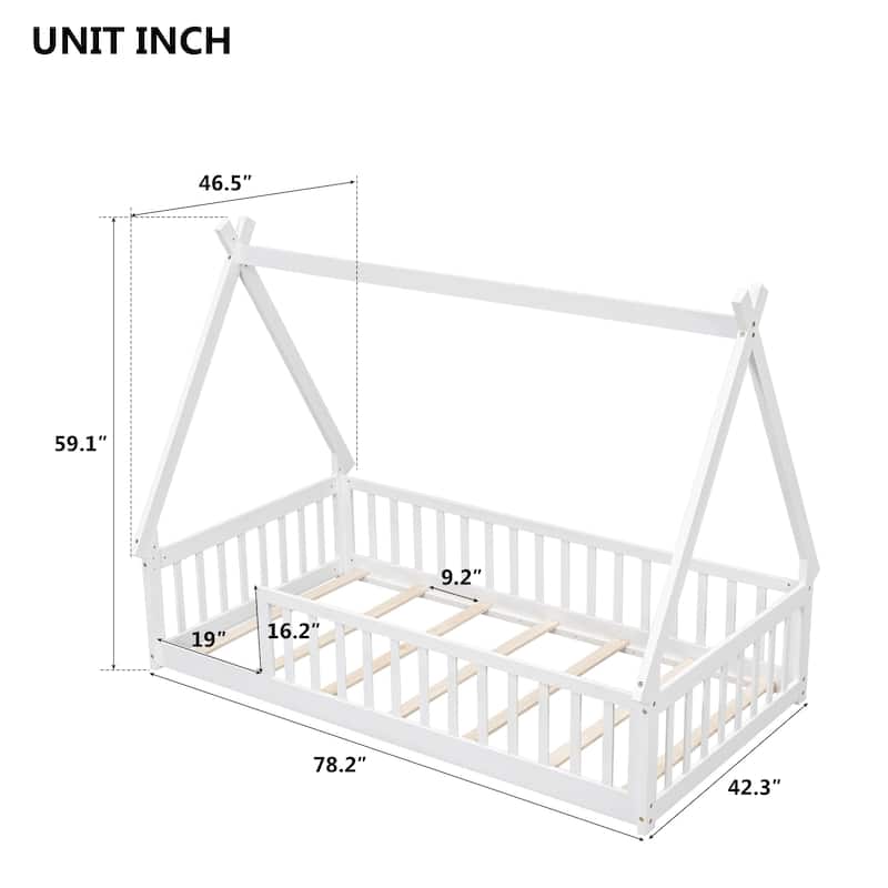 Tent-Shaped Twin Size Floor Bed with Fence and Guardrails, Pine Wood Construction