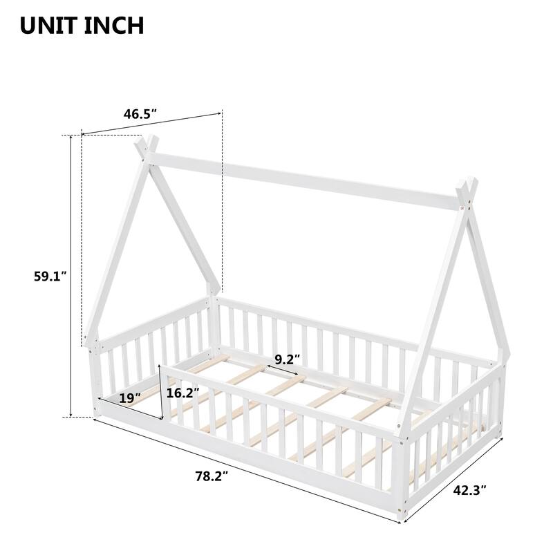 Twin Size Teepee Bed with Guardrails and Slats, Tent-Shaped Floor Bed
