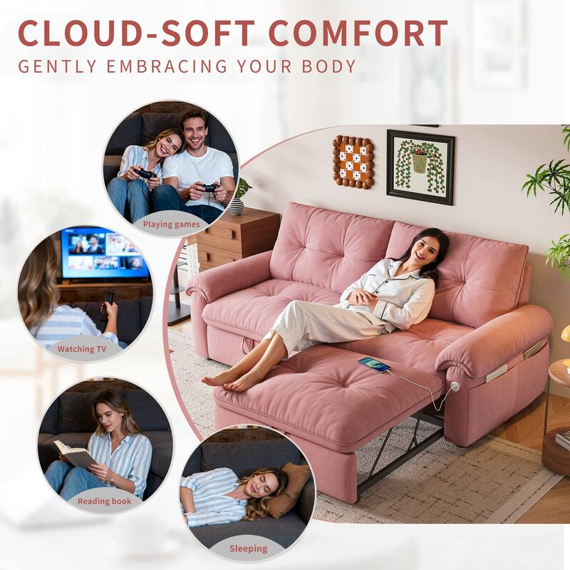 2-in-1 Velvet Pull Out Sleeper Sofa Bed Convertible Loveseat Couch for Sitting, Napping or Sleeping with Side Pockets and USB