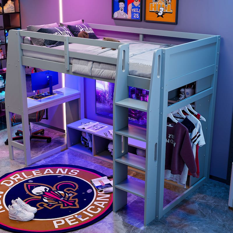 Multi-Functional Gaming Loft Bed with Built-in Desk & Storage Cabinets, Wood Bed Frame with LED and a Hanging Clothes Rack