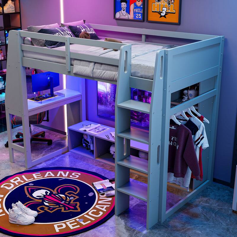 Teens Wood Gaming Loft Bed with Multi-Storage Shelves & Under-Bed Desk, Bedroom Bed Frame with LED & a Hanging Clothes Rack
