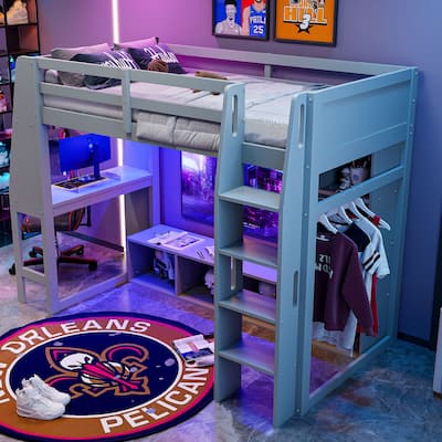 Twin Size Loft Bed Mulfunctional Wood Loft Bed w/Desk, Multi-storage Shelves, LED and Hanging Clothes Rack, No Box Spring Needed