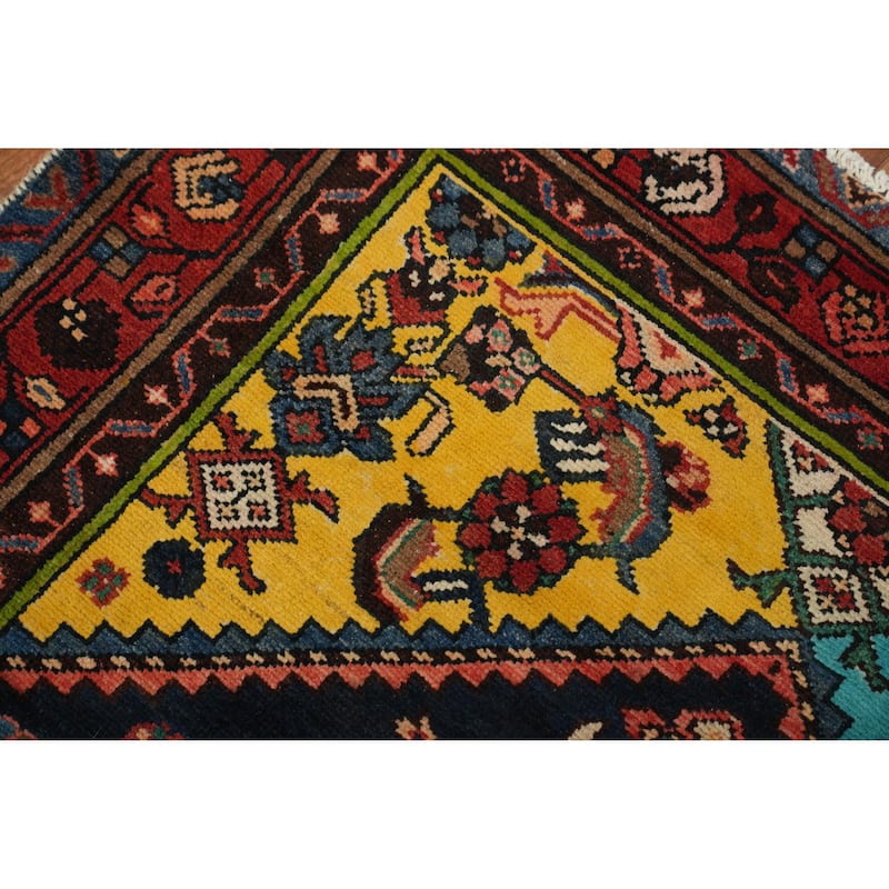 Hand Knotted Oriental 100% Wool Carpet Traditional Geometric Navy Blue & Blues Hamedan Runner Rug - 9' 7'' X 3' 6''
