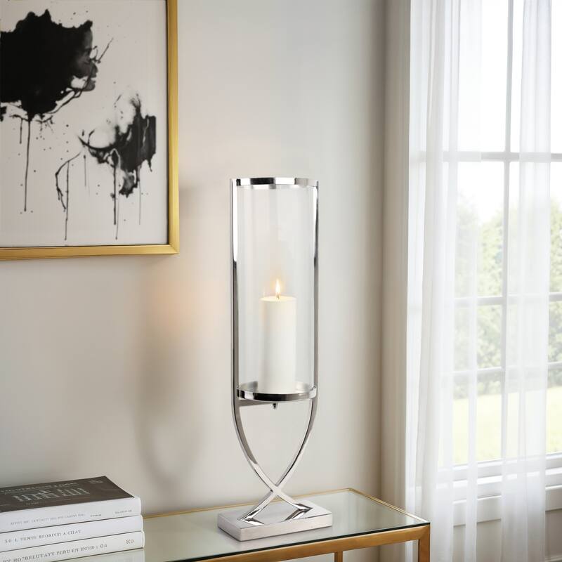 Modern Glass Pillar Candle Holder Decorative Lantern with Steel Frame