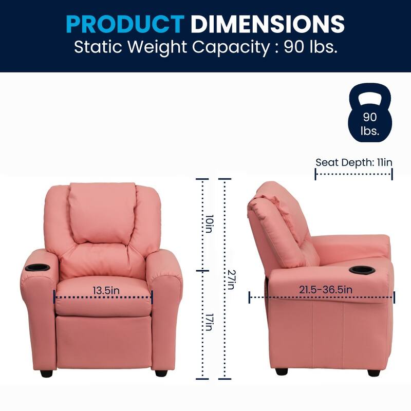 Contemporary Kids Recliner with Cup Holder and Headrest - 24"W x 21.5" - 36.5"D x 27"H