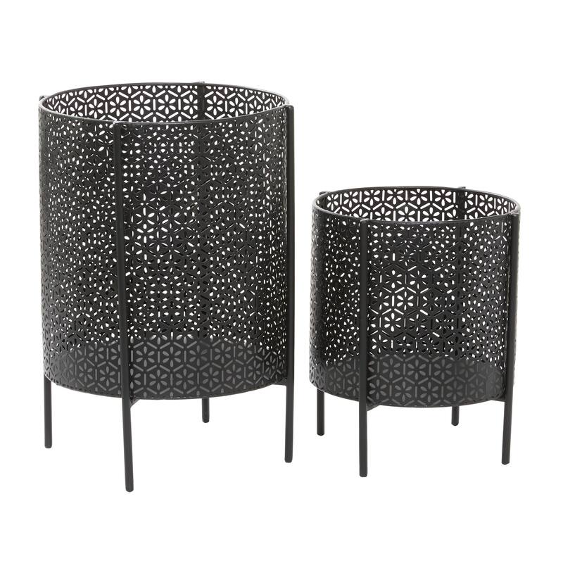 Gold or Black Iron Metal Contemporary Floral Pattern Planter (Set 2)