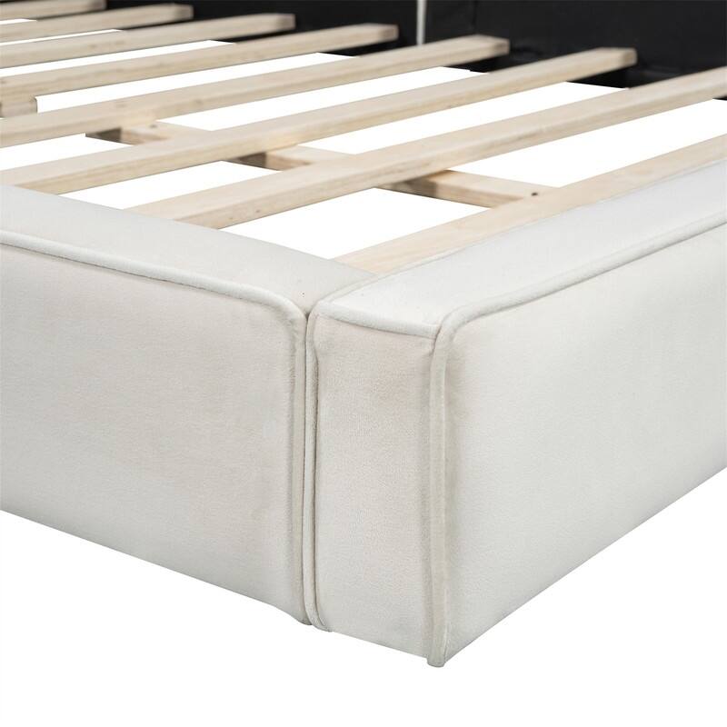Queen Size Upholstered Platform Bed with Solid Frame and Headboard, Velvet Grounded Bed with Slats Support