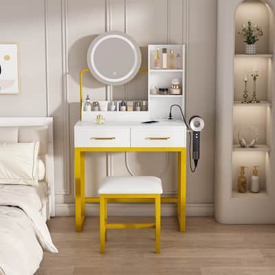 Vanity with LED lights and 3 colors and power outlet with mirror and stool