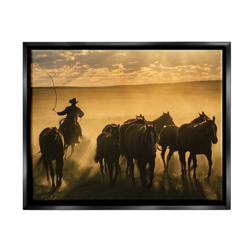 Stupell Cowboy & Horses at Sunset Framed Floater Canvas Wall Art Design by PBurchettePhoto - 31 x 25 - Black