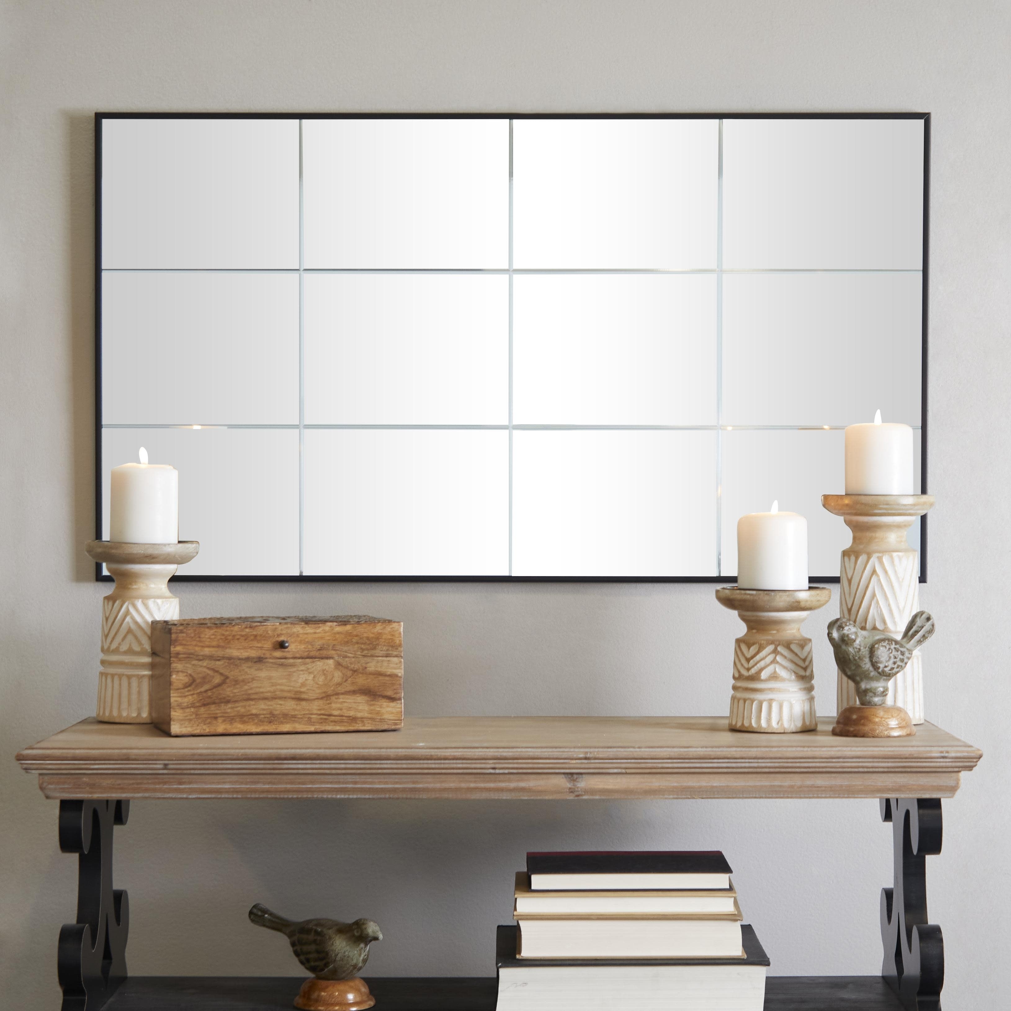 Black Wooden Grid Style Panel Room Wall Mirror