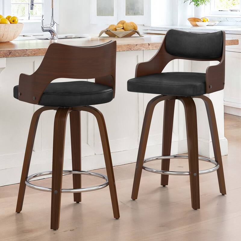26.in Counter Height Stool Swivel Wooden Faux Leather Bar Stool with Curved Back - Black - Set of 2