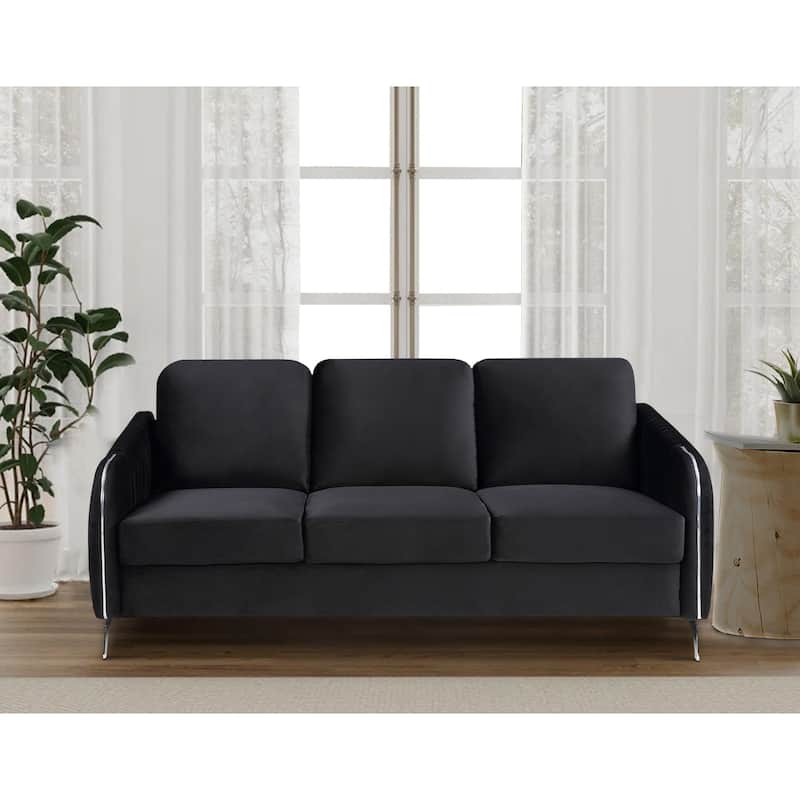 77 Inch Modern Sofa, Vertical Quilted Design, Jet Black Velvet Fabric