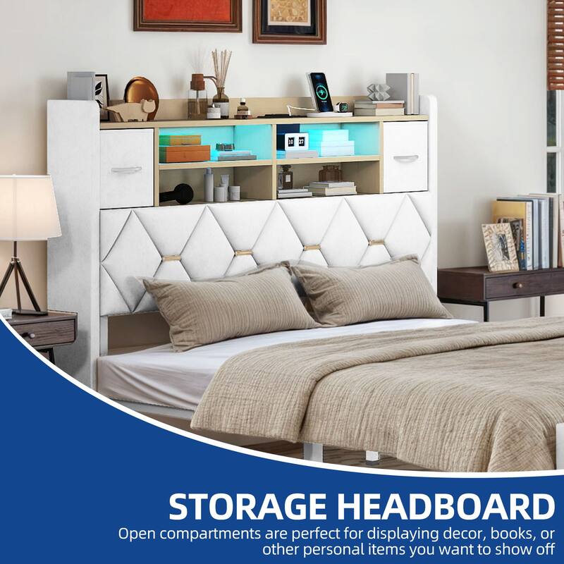 Moasis Upholstered Bed Frame with Storage Headboard And Charging Station and LED Light