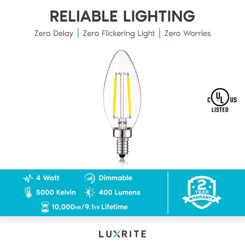 Luxrite 4W Vintage Candelabra LED Bulbs Dimmable, 400 Lumens, 40W Equivalent, Clear Glass, E12 Base (12 Pack)