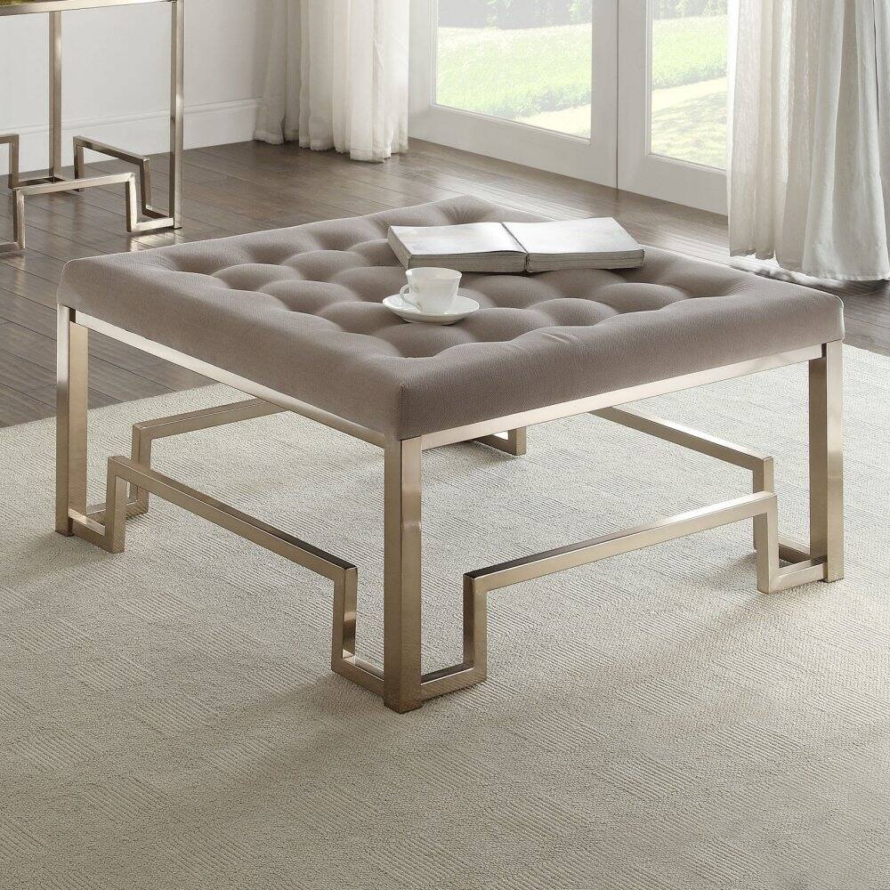 HomeRoots 36" Champagne Polyester Tufted Cocktail Ottoman