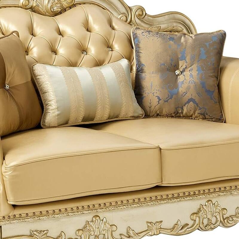 HomeRoots 64" Bone And Gold Faux Leather Loveseat and Toss Pillows - 64.00 in. x 43.00 in. x 38.00 in.