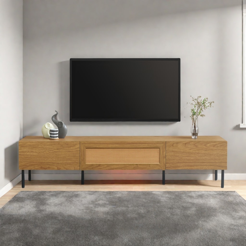 70.86" TV Stand with Rattan Doors - Fits 85" TVs, 3 Pull-Down Cabinets and Elevated Design