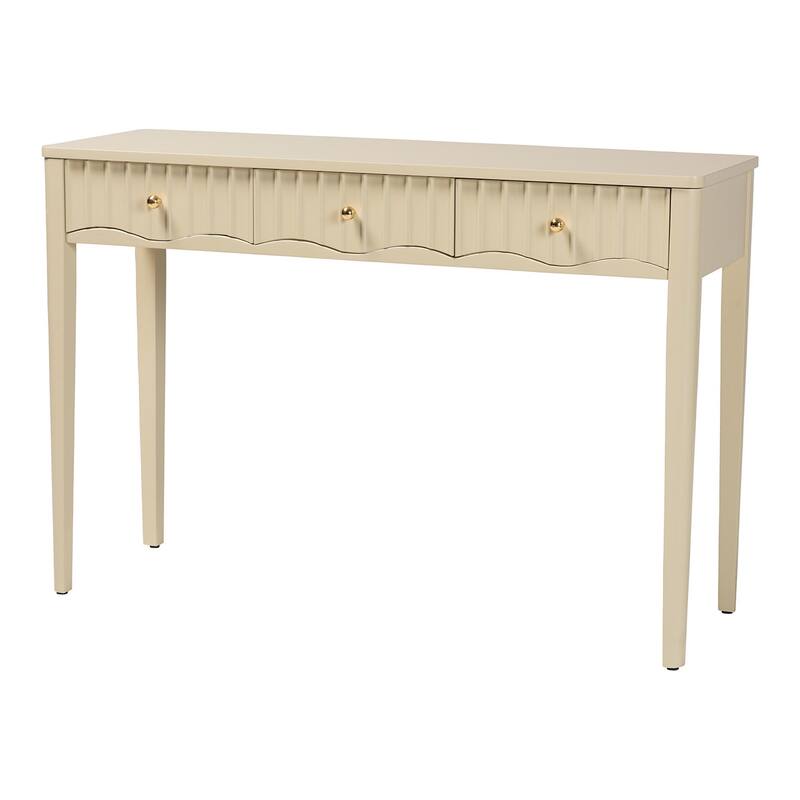 Leeba Console Table - 3-Drawer Accent Table with Fluted Wood and Scalloped Framing for Living Room, Hallway, or Entryway - Beige