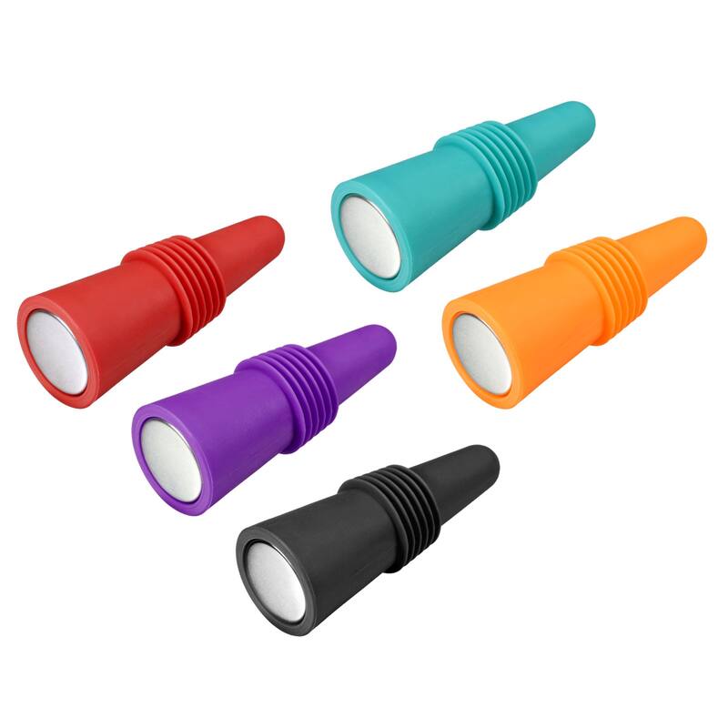 5Pcs Wine Stoppers Silicone Beverage Bottle Sealer Caps Reusable Cover - Orange, Purple, Blue, Black, Red