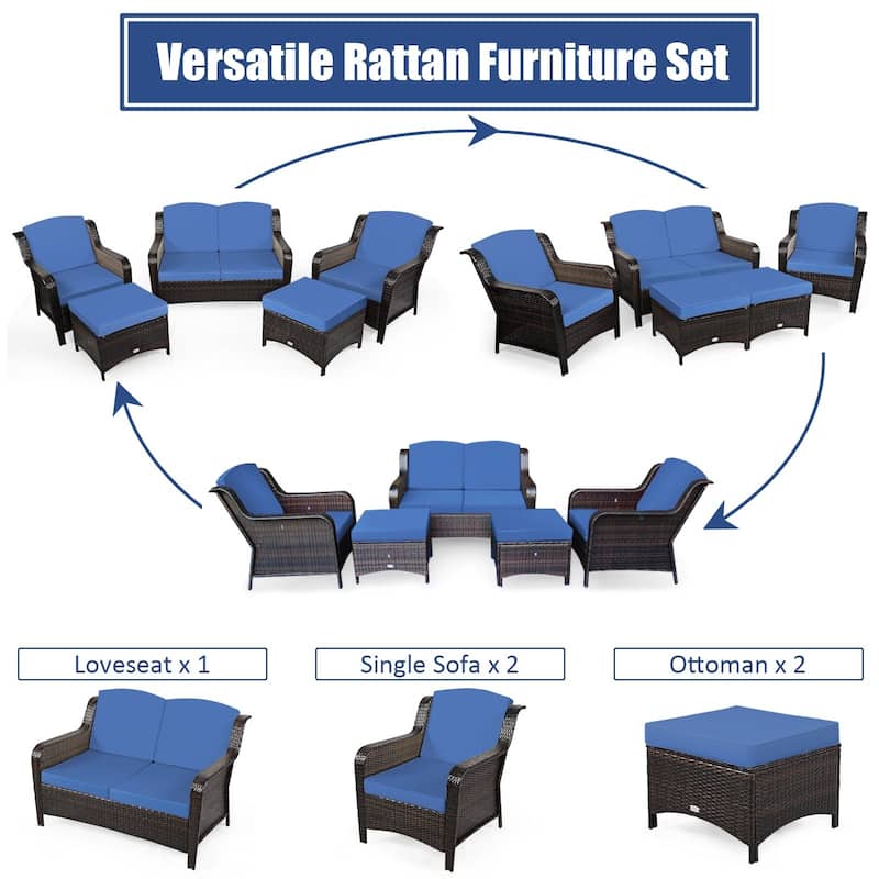 5 Pieces Patio Rattan Sofa Set with Cushion and Ottoman - 51" x 33.5" x 33" (L x W x H)