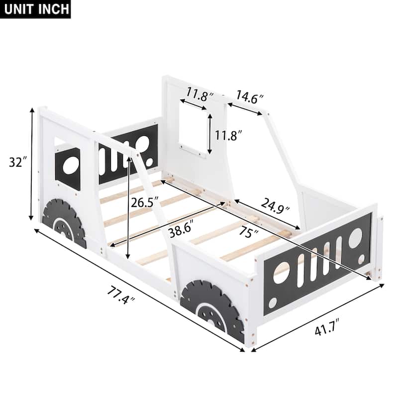 Pine Car-Shaped Platform Bed with Decorative Wheels