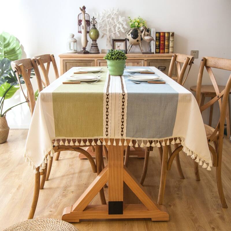 Enova Home 54"x 78" High Quality Rectangle Cotton and Linen Tablecloth with Tassels