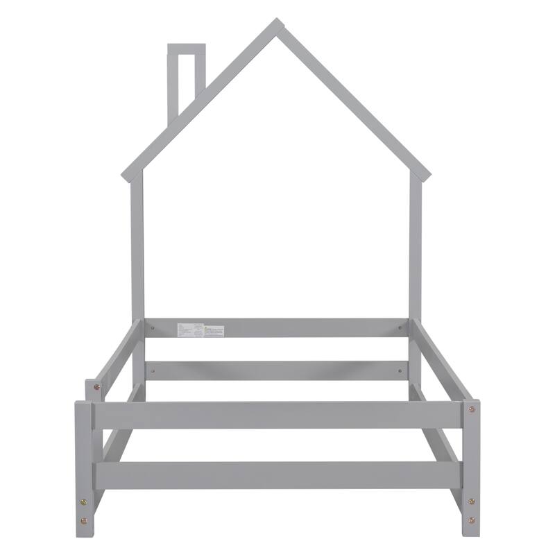 Twin Size Wood bed with House Shaped Headboard Floor Bed with Fences