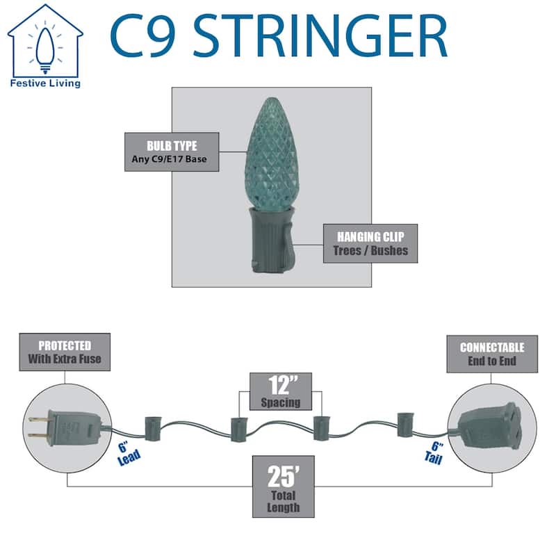 25 Foot C9 Outdoor Patio Christmas Stringer, C9/E17 Base, 12" Space, Green Wire