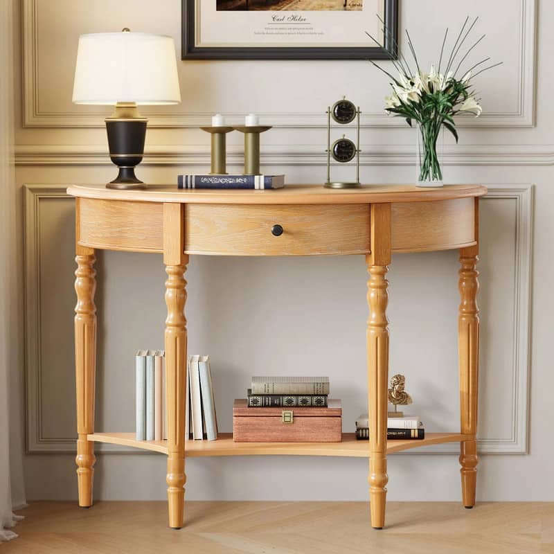 Farmhouse Half Moon Console Table with Drawer and Shelf for Entryway and Living Room Decor - Natural