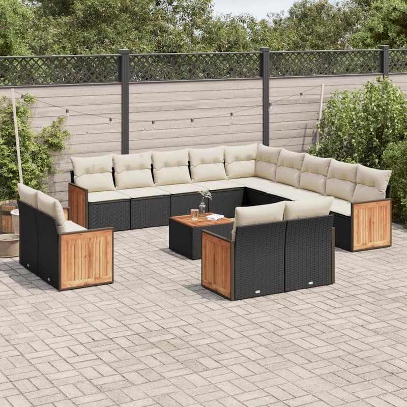 vidaXL Patio Sofa Set with Cushions Outdoor Conversation Furniture Poly Rattan - Black and Cream-With table - 21.7 x 21.7 x 14.6