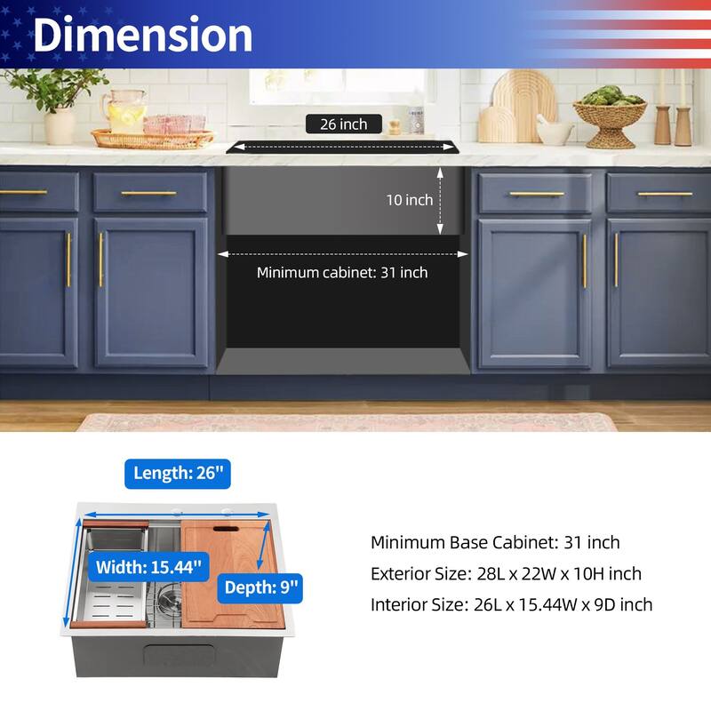 Drop-in Single Bowl Stainless Steel Kitchen Sink with Workstation