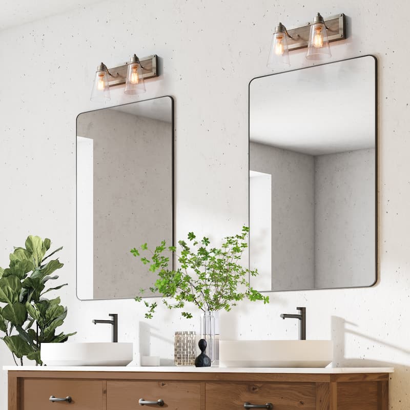 Farmhouse 2-Light Wood Wall Sconce Rustic Bathroom Vanity Light - Silver