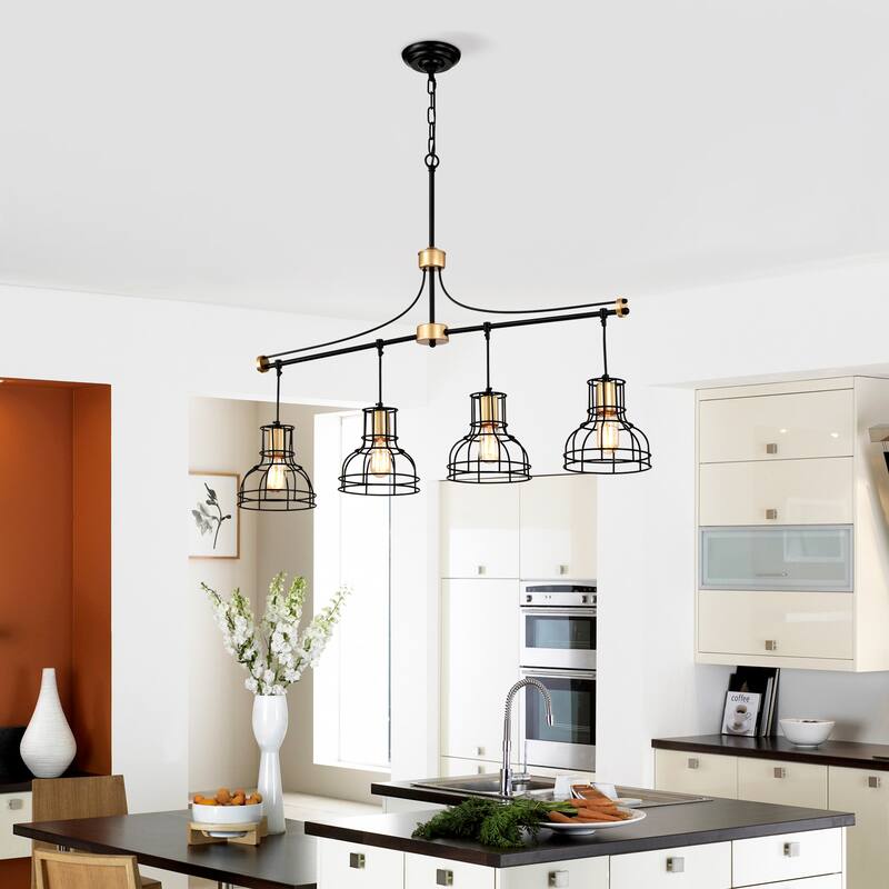 Farmhouse Linear Chandelier 4-Light Matte Black Ceiling Light Fixture with Metal Lampshade, for Dining Room, kitchen Island