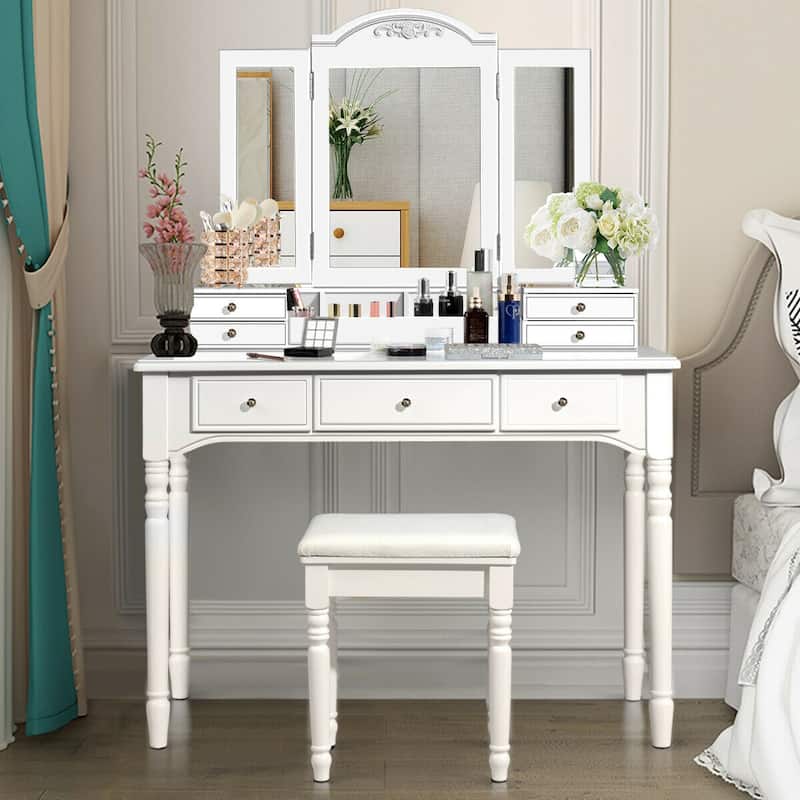 Gymax 7 Drawers Vanity Set Dressing Table w/ Tri-Folding Mirror White - White