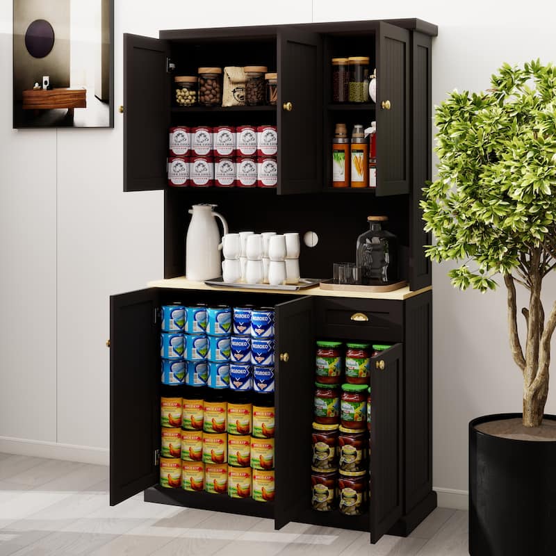 71" Freestanding Kitchen Pantry with Microwave Oven Countertop and Adjustable Shelves - Black