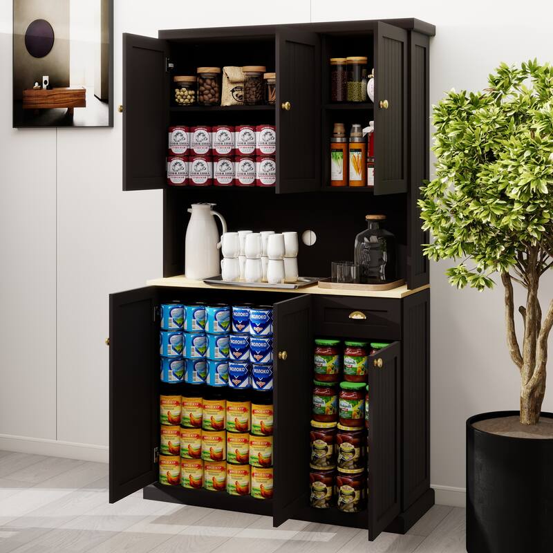 Kitchen Pantry with Microwave Oven Countertop, Hutch Cabinet with Adjustable Shelves, Storage Cabinet with 6 Doors and 1 Drawer
