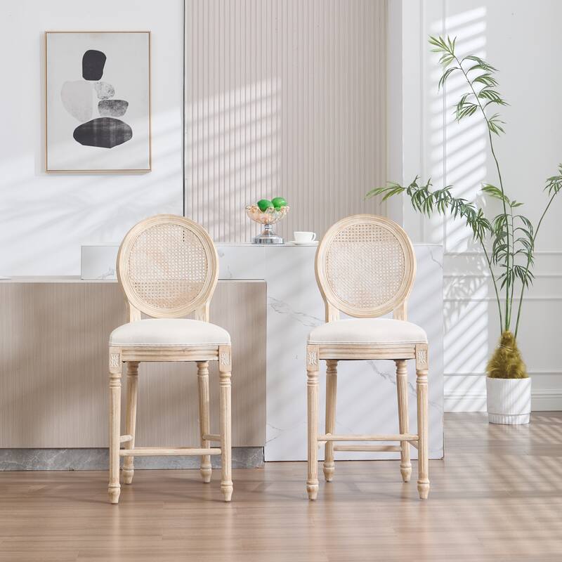 French Country Upholstered Bar Chairs with Rattan Round Back(Set of 2)