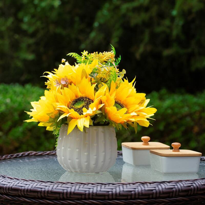 Mixed Silk Sunflower in Ceramic Pot for Dining Table Decoration, Home Wedding Party - Yellow