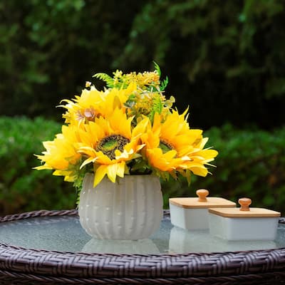Mixed Silk Sunflower in Ceramic Pot for Dining Table Decoration, Home Wedding Party