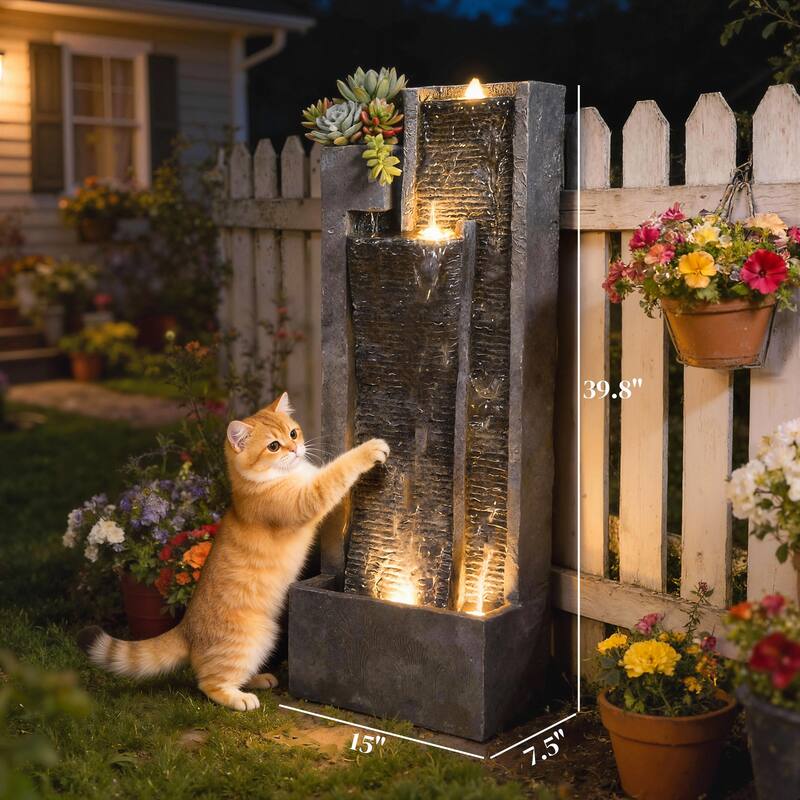 Outsunny 40" Tall Outdoor Waterfall Fountain with LED Lights and Planter, 3-Tier Cascading Waterfall Feature with Pump