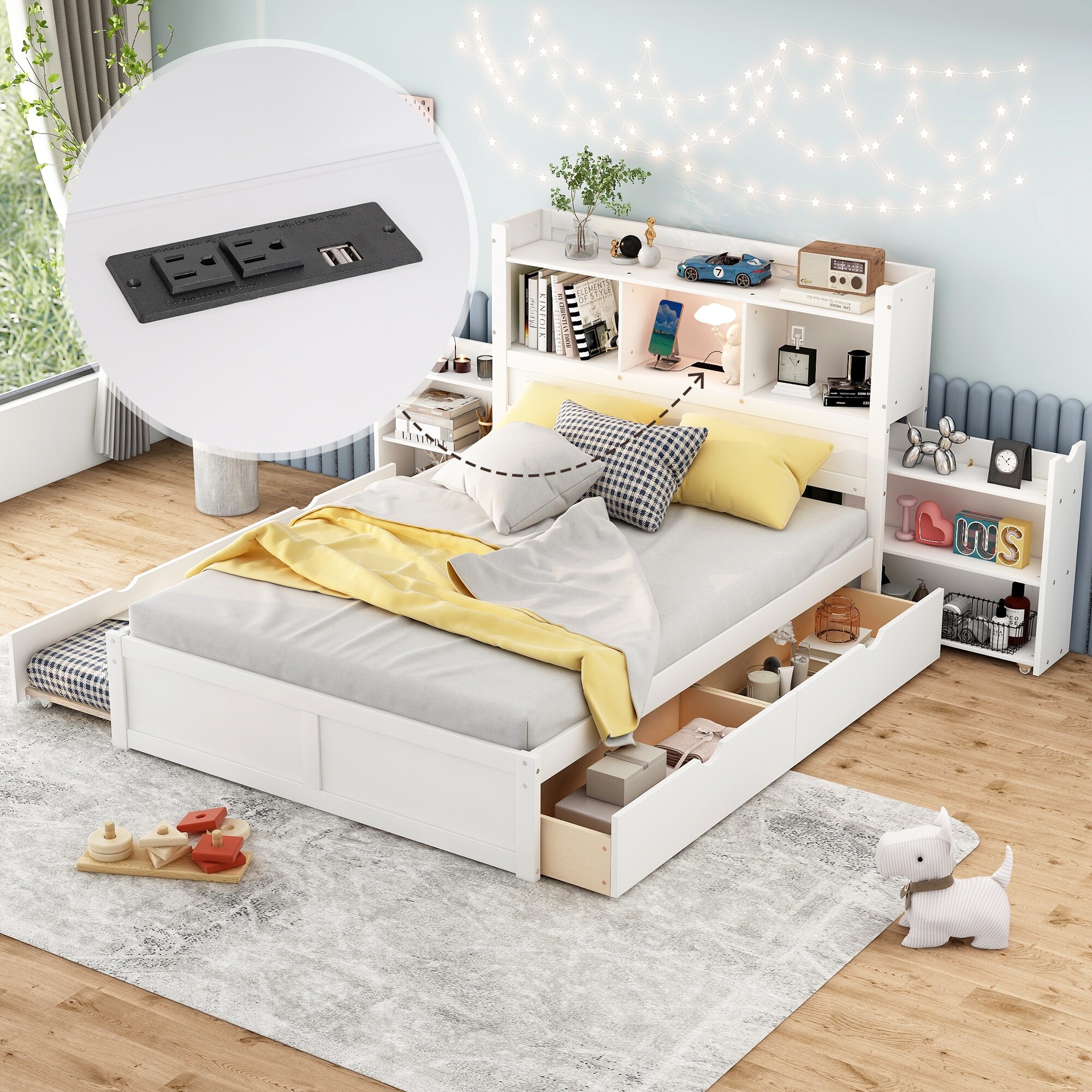 Full Size Storage Platform Bed with Pull Out Shelves 2 Drawers Wood Bed Frame w Twin Size Trundle Bookcase Headboard USB